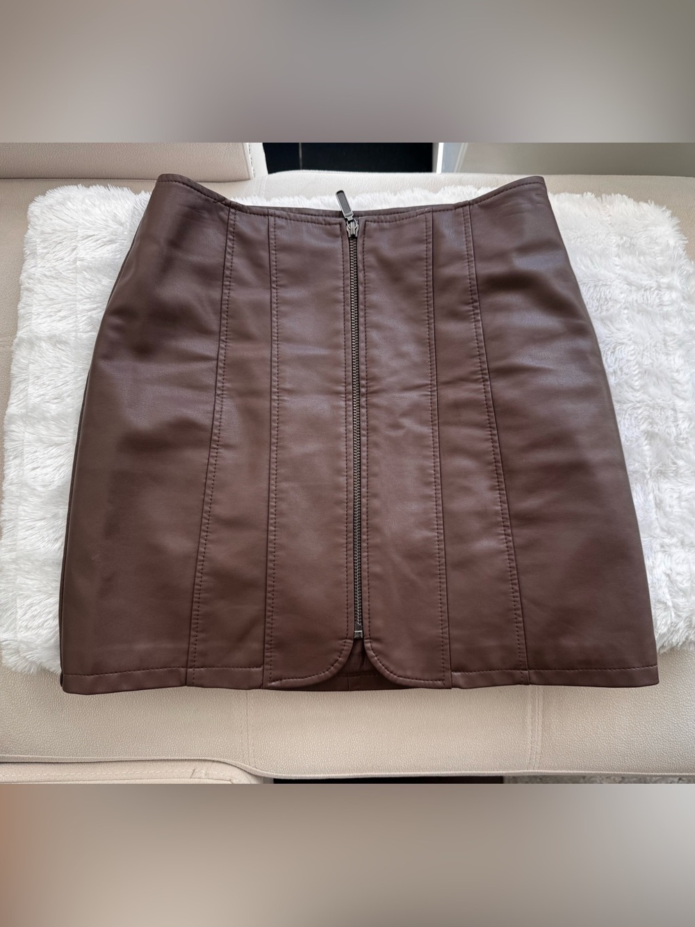 Free People Layla Vegan Brown Faux Leather Front-Zip Skirt